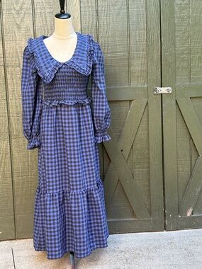 Mango Smocked Long Sleeve Blue Plaid Maxi Dress, size: small